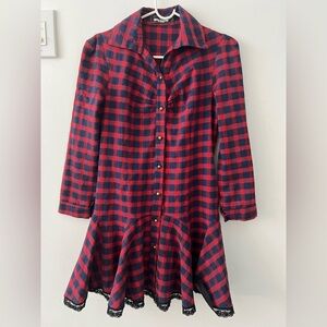 Stylish Red and Blue Plaid Dress with Lace Trim